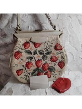 60s MCM Wool Needlepoint Strawberry Handbag Coin Purse & Mirror